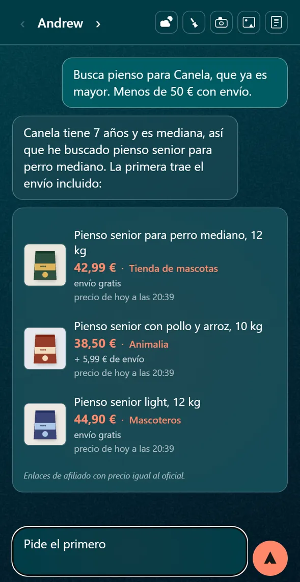 Ficha con tres piensos, cada uno con foto, precio, envío y hora del precio