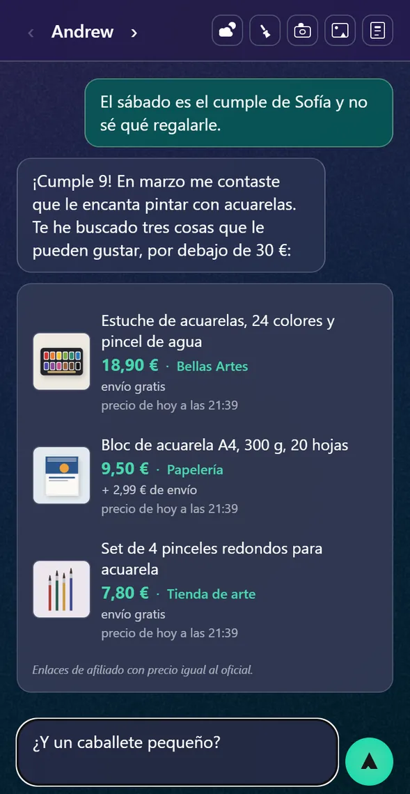 Andrew recuerda que Sofía cumple 9 y que le gusta pintar, y propone tres regalos con precio y tienda