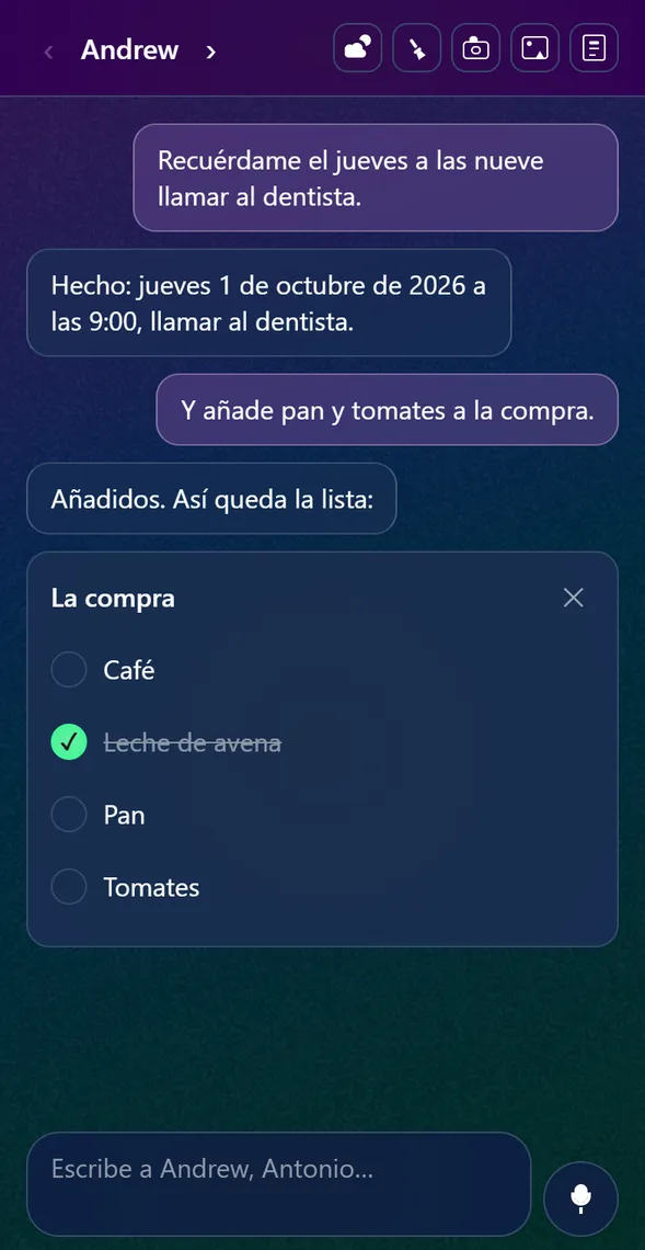Un recordatorio con la fecha entera y la lista de la compra con casillas